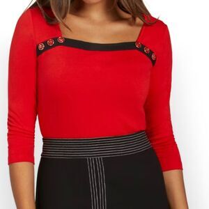 NY & Company Red Square Neck Top 3/4 Sleeve Black Stripe with Red Button Design